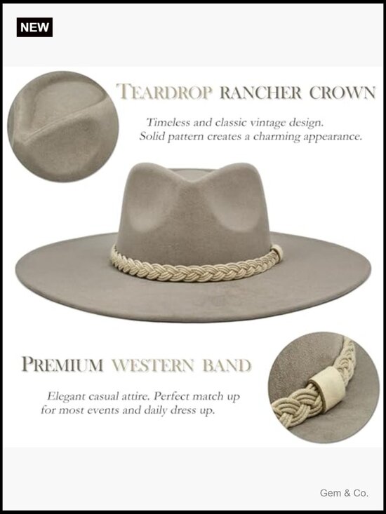 Felt Rancher Fedora Hat Wide Brim Unisex Vintage Cowboy Style main image 5